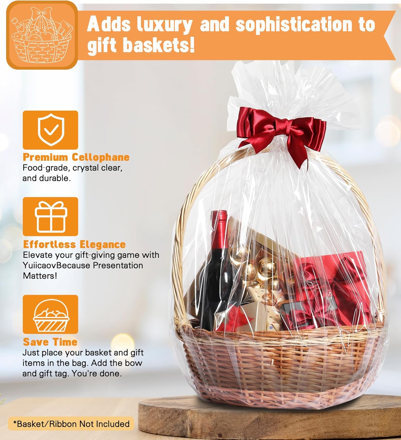 Yuiicaov 6PCS Extra Large Cellophane Bags, 30x40 Inches Clear Cellophane Wrap for Gift Baskets, Jumbo Huge Packaging Clear Gift Bags 2.8 Mil Thick